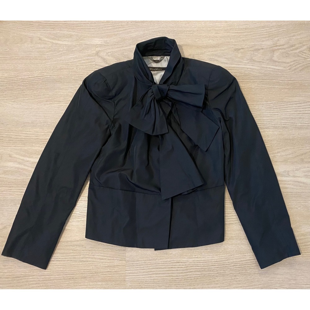 Max Mara Silk Blend Statement Bow Blazer Jacket Sz 8 Black Designer Italy Luxury